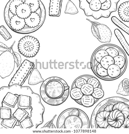 Hand drawn Food menu background. Middle eastern food. Oriental sweets vector illustration. Linear graphic. Monochrom vector illustration.
