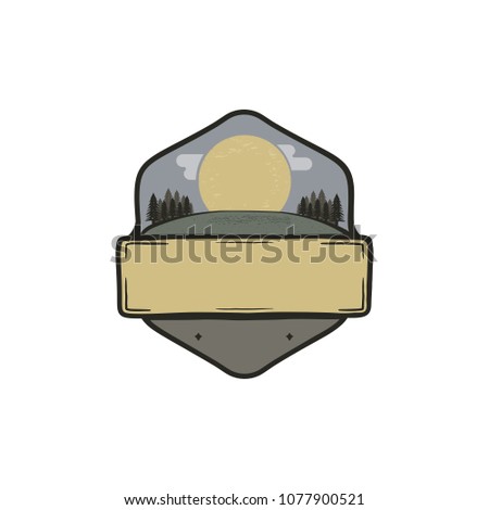 Vintage hand drawn national park badge, patch concept. Blank template. Paste your own texts. Camping adventure thematic. Stock vector isolated on white background.
