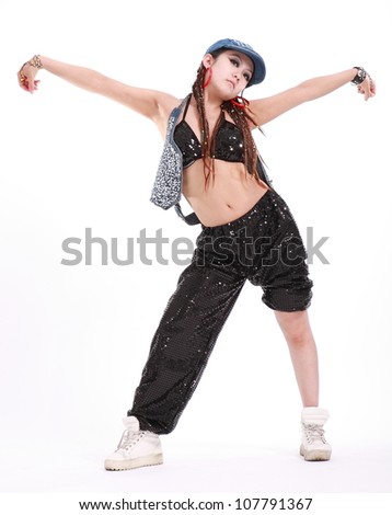 Cute girl in various dance costumes and fun poses