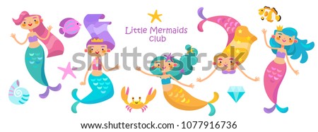Under the sea - little mermaid, fishes, sea animals and starfish, vector collection. Festival sea summer collection. 