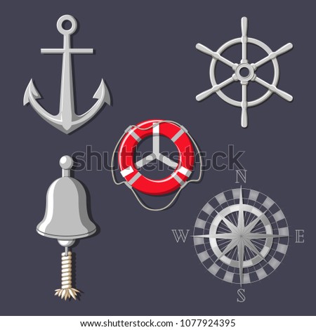Illustration of set of metal marine symbols. Anchor, bell, rose of the winds compass, ship`s wheel, lifebuoy