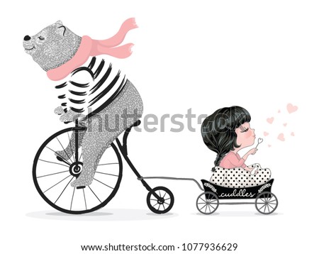 Cute bear with bicycle and little girl vector design.Animal illustration.T-shirt graphic.