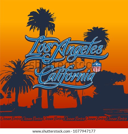 Hand written Los Angeles California typography with a badge / T-Shirt graphics, vector 