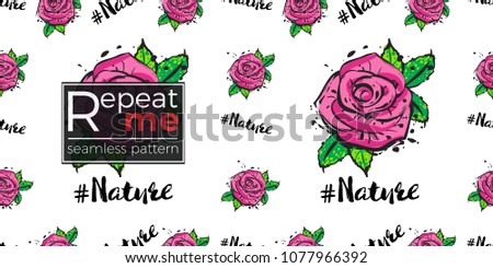 Fashion seamless pattern with rose flowers and hashtag nature. Eco green natural makeup and accessories stickers and patches. Vector pattern background.