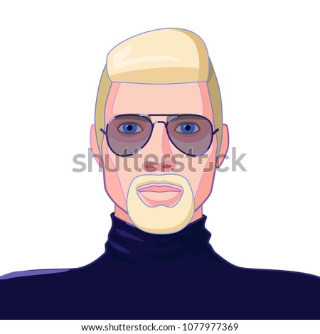Full face portrait of a blond man in sun glasses and turtleneck