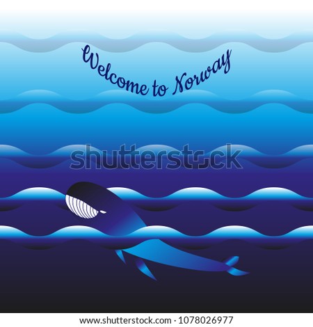Welcome to Norway. The sea rich in fish. Successful fishing. An invitation template for recreation, tourism, fishing, language learning. Vector illustration.
