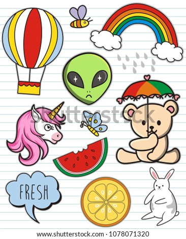 Cute magic set of stickers, pins, patches in cartoon doodle style for print with unicorn, clouds, bear, heart, alien, rainbow, watermelon and other elements