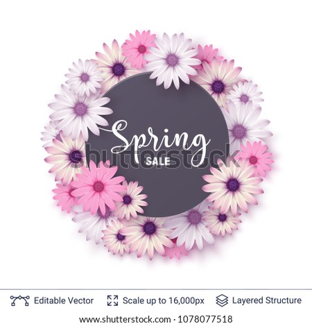 Spring season flowers and sale text. Beautiful vector background editable for ad posters, banners and flyers.