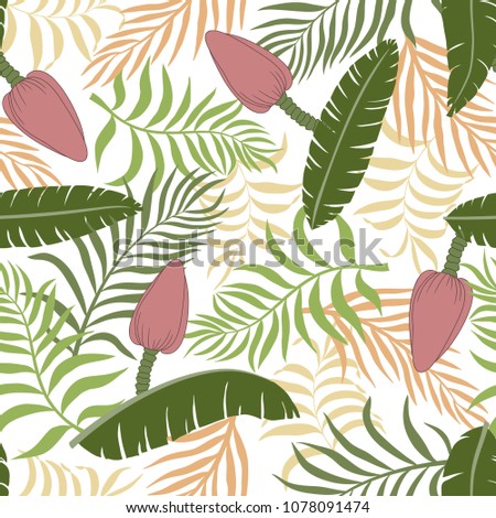 Tropical background with palm leaves and banana leavess. Seamless floral pattern. Summer vector illustration
