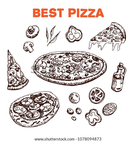 Set of Doodle Pizza. Fresh ingredients sausage and tomatoes. Greens and olives. Champignones and olive oil. Traditional Italian food.  Hand drawn vector illustration. For identify the restaurant, pack