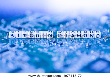 Word BITCOIN DIAMOND formed by alphabet blocks on mother cryptocurrency