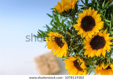Bouquet of bright sunflowers with gift box.