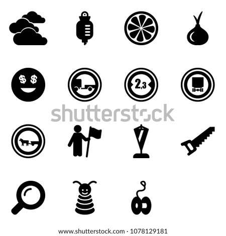Solid vector icon set - clouds vector, drop counter, lemon slice, onion, dollar smile, no trailer road sign, limited width, dangerous cargo, cart horse, win, pennant, saw, magnifier, pyramid toy