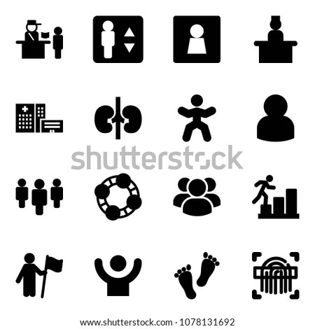 Solid vector icon set - passport control vector, elevator, female wc, recieptionist, hospital building, kidneys, gymnastics, user, group, friends, career, win, success, feet, fingerprint scanner