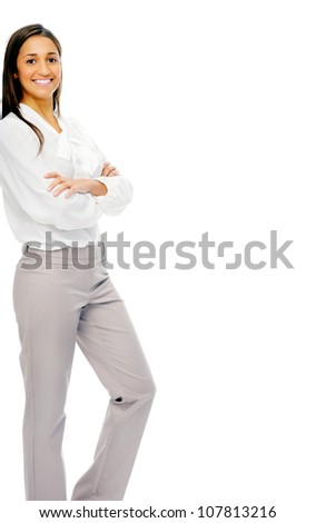 Businesswoman confident portrait of a hispanic woman with arms crossed isolated on white background in studio.