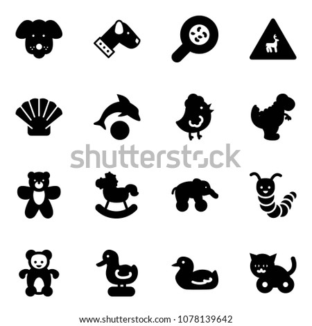 Solid vector icon set - dog vector, bacteria, wild animals road sign, shell, dolphin, chicken toy, dinosaur, bear, rocking horse, elephant wheel, caterpillar, duck, cat