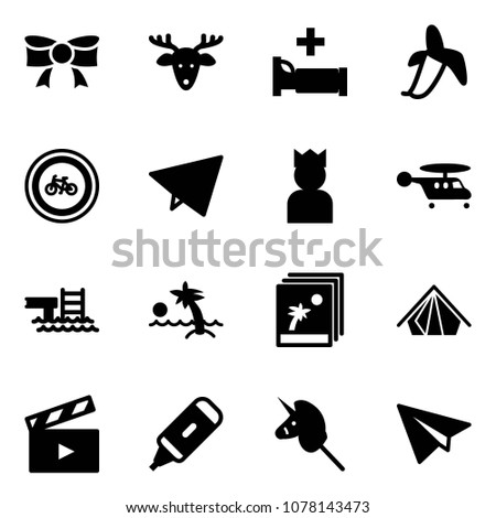 Solid vector icon set - bow vector, christmas deer, hospital bed, banana, no bike road sign, paper fly, king, helicopter, pool, palm, photo, tent, movie flap, marker, toy unicorn stick, plane