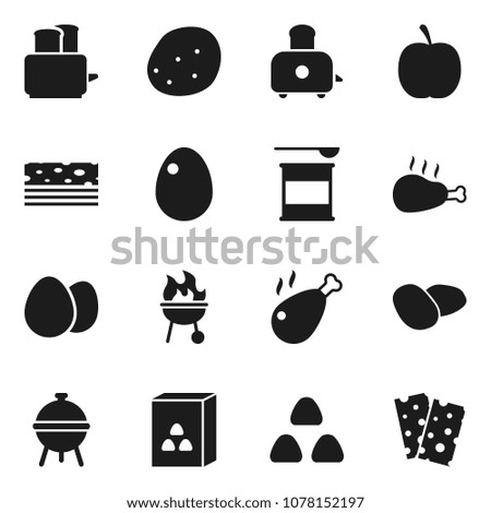 Flat vector icon set - toaster vector, bbq, cereal, egg, potato, chicken leg, diet, sports nutrition, breads