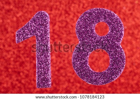 Number eighteen purple color over a red background. Anniversary. Horizontal