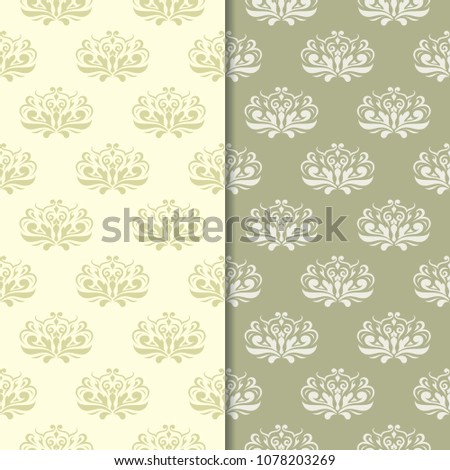 Olive green floral backgrounds. Set of seamless patterns for textile and wallpapers