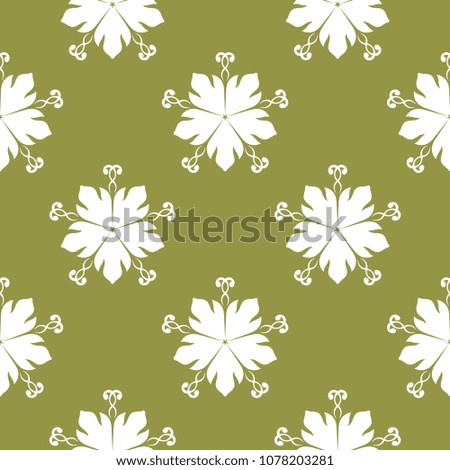 White flowers on olive green background. Ornamental seamless pattern for textile and wallpapers