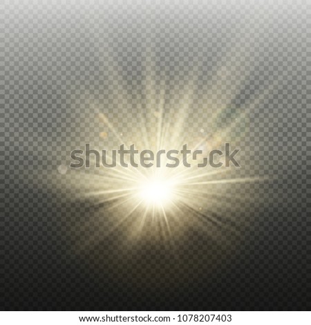 Sunset or sunrise golden glowing bright flash effect. Warm burst with rays and spotlight. Sun realistic lights template. EPS 10 vector file Royalty-Free Stock Photo #1078207403