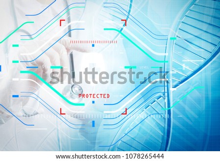 Health protection. Medical and health care concept.Double exposure of scientist doctor hand holds virtual molecular structure in the lab as concept 