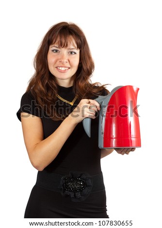 Woman with electric tea kettle. Isolated ove white background