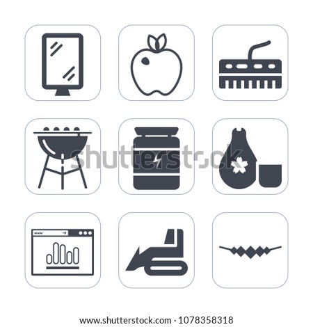 Premium fill icons set on white background . Such as banner, industry, fitness, fruit, sake, cooking, nature, street, fresh, food, necklace, vegetarian, analytics, health, traffic, keyboard, bbq, leaf