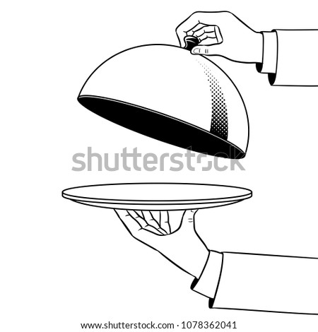 Dish plate with cloche coloring retro raster illustration. Isolated image on white background. Comic book style imitation.