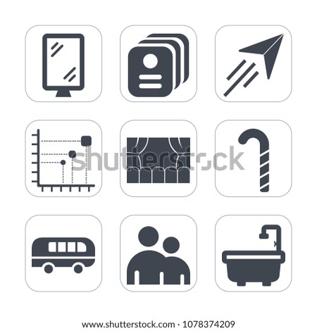 Premium fill icons set on white background . Such as bus, flight, identity, identification, speed, name, transport, chart, business, card, banner, theater, fly, paper, person, sign, entertainment, air