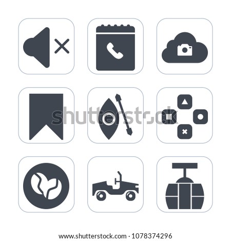 Premium fill icons set on white background . Such as adventure, food, transportation, lake, automotive, mute, coffee, technology, video, sky, bean, contact, play, canoe, phone, kayak, star, sound, web