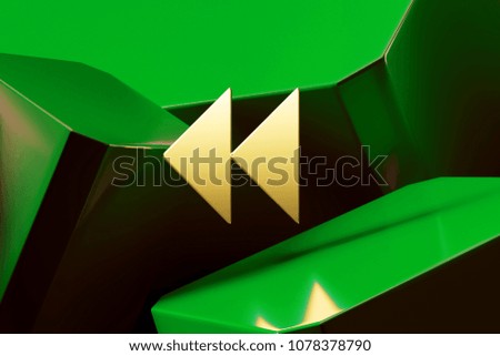 Golden Arrow Backward Icon Around Green Glossy Boxes. 3D Illustration of Fine Golden Arrow, Back, Cancel, History, Remove, Rotate Icons on the Green Abstract Background.