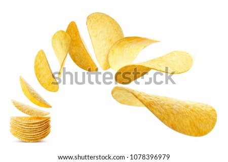 Flying potato chips, isolated on white background Royalty-Free Stock Photo #1078396979