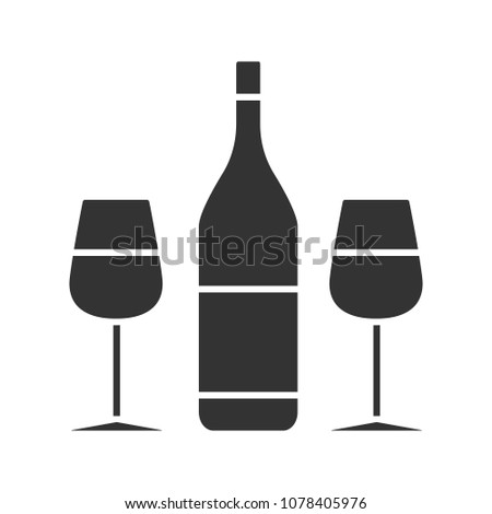 Wine and two glasses glyph icon. Silhouette symbol. Champagne. Negative space. Raster isolated illustration
