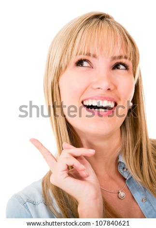 Woman pointing a great idea - isolated over a white background