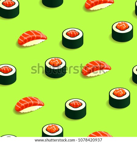 Isometric pattern sushi and rolls. Vector Japanese food. 