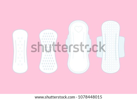Colored flat icon, vector design with shadow. Set of different sanitary napkins. Illustration for feminine hygiene, medicine, menstruation. Symbol of absorbent pad for woman. Royalty-Free Stock Photo #1078448015