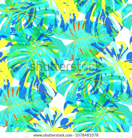 Tropical Leaves. Seamless Texture with Bright Hand Drawn Leaves of Monstera. Spring Rapport for Calico, Textile, Swimwear. Vector Seamless Background with Tropic Plants. Watercolor Effect.