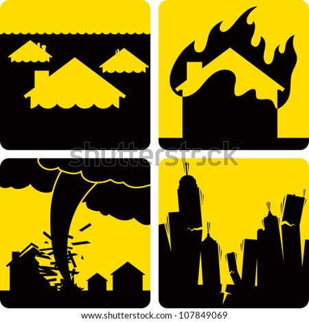Clip art illustration styled like universal signs showing various natural disasters. Includes flood, fire, tornado, and earthquake.