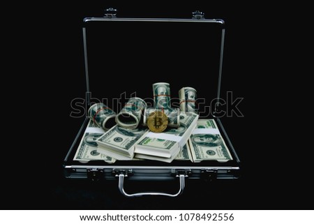 Finance Business Concepts. Lots of money on a black background. Investments are a necessity of business. Businessman looking at a lot of money.