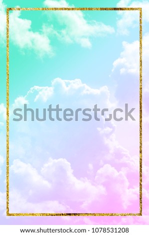 Trendy pastel colors. Sky background with golden metallic frame