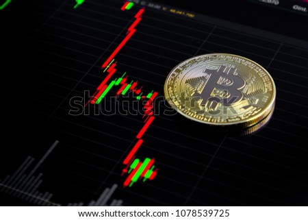 Golden bitcoin and stock chart on tablets.
