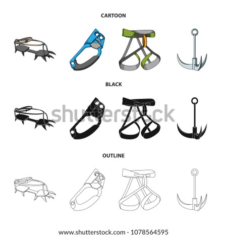 Hook, mountaineer harness, insurance and other equipment.Mountaineering set collection icons in cartoon,black,outline style vector symbol stock illustration web.