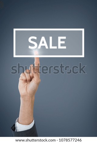 Hand interacting with sale business text against blue background