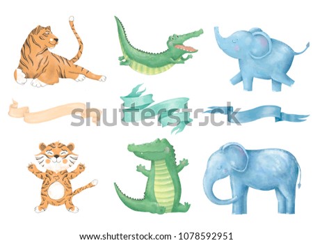 crocodile tiger elephant digital clip art cat with ribbons cute animal and flowers for card, posters, on white background