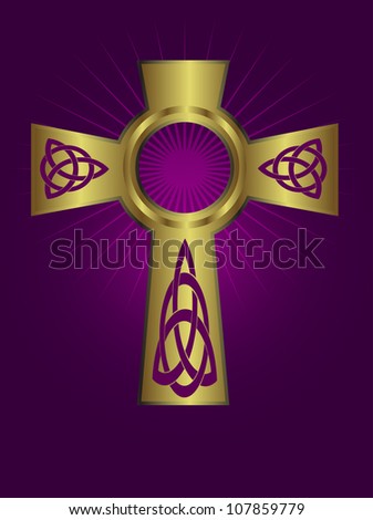 An ornate celtic gold cross on a purple background with highlighted rays