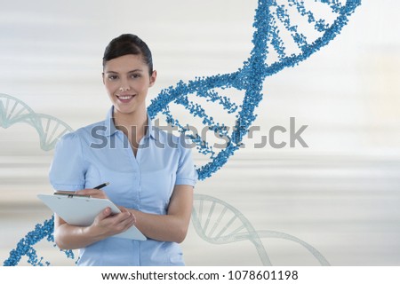 Happy doctor woman holding a folder with 3D DNA strands