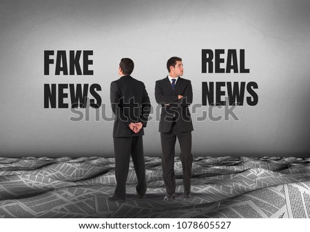 Fake news or real news text with Businessman looking in opposite directions