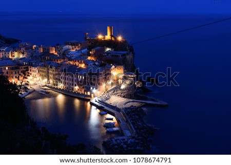 Night landscape of Vernazza, a village in the province of La Spezia, situated in a small valley in the Liguria region of Italy. It is the first of the Cinque Terre